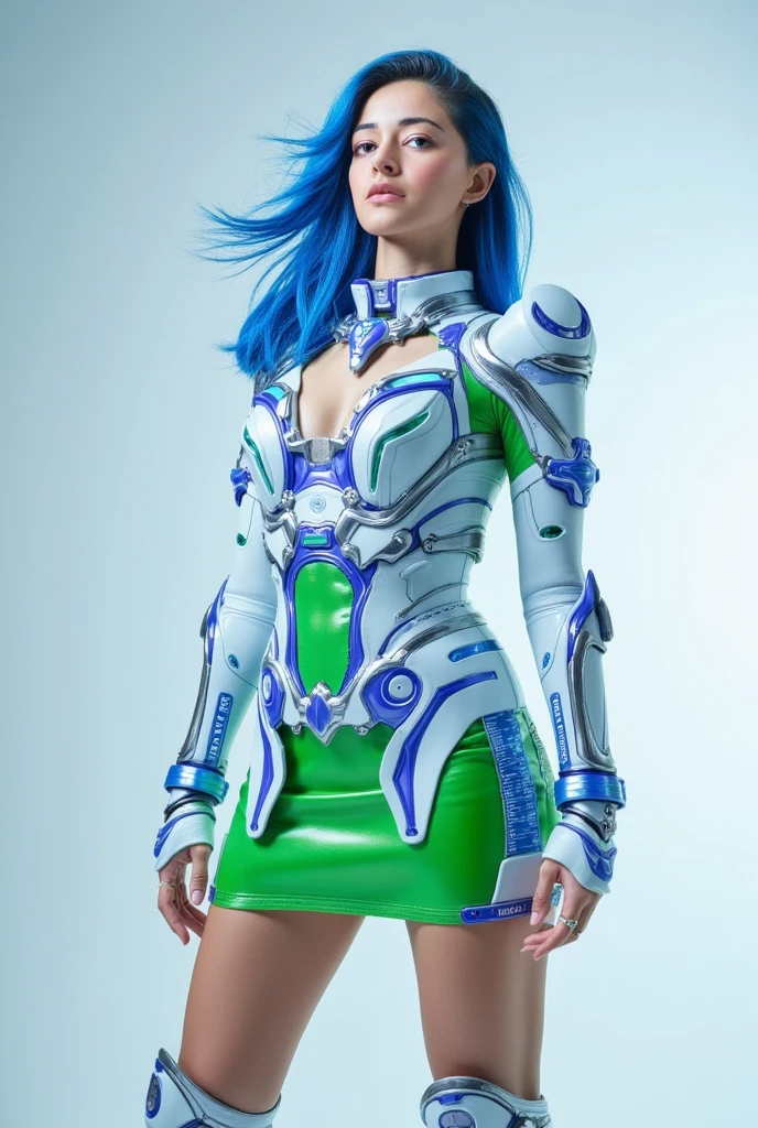 (masterpiece, highest quality, highest resolution, distinct_image, detailed details): (Solo, lone girl, Japan face, blue haired girl, short cut, full body figure, small size breasts, sparkling blue colored eyes, pilot suit in metallic white and blue color, tight fit clothes, clothes covering the whole body, beauty, slim body, exoskeleton, sexy pose, heroine, Full face helmet, knee boots) green dress