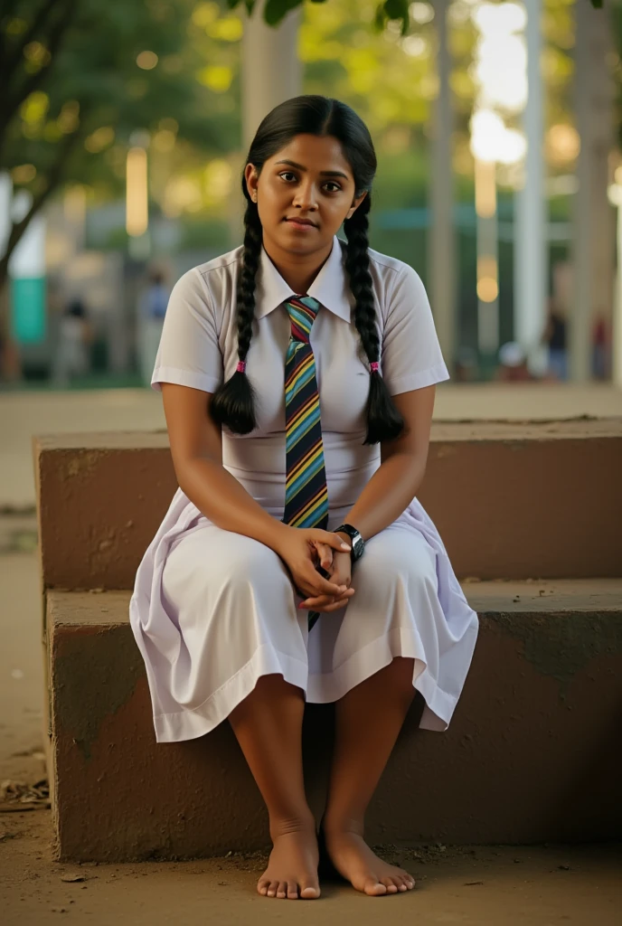 beautiful cute Sri Lankan school girl, in barefoot, Large breast size , medium size body, , wearing a white frock and a colored tie. She has plaits, black braided long hair, cinematic lighting, glowing, movie filter, moody effect, thick body, beautiful Sri Lankan girl face, dark skin tone, oily skin, sitting on a bench at corner of a school playground, dusty environment, dusty sweaty feet