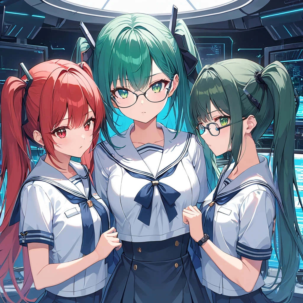 Three cyber-girls all standing next to each other on a mother-board in cyber-space. RGB girls. three girls. (Masterpiece, Very detailed, Ultra-detailed, one cute cyber-girl, short hot-red hair in twin-tails, beautiful bright red eyes, flat chested, wearing a commanders uniform. She's annoyed at fixing her button. haughty) (Masterpiece, Very detailed, Ultra-detailed, one very tall beautiful cyber-girl. long lovely dark-green hair, beautiful deep green eyes, well endowed. wearing glasses. wearing a secretary uniform. She's calmly adjusting her glasses. brooding.) (Masterpiece, Very detailed, Ultra-detailed, one beautiful cyber-girl. lovely blue hair in a pony-tail, beautiful exited blue eyes, wearing a sailor outfit. She's playing with her chest ribbon. exited) Good view of all three girls, posing. Best quality.