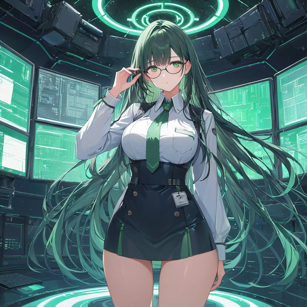 Standing on a mother-board in cyber-space. Masterpiece, Very detailed, Ultra-detailed, one very tall beautiful cyber-girl. long lovely dark-green hair, beautiful deep green eyes, well endowed. wearing glasses. wearing a secretary uniform. She's calmly adjusting her glasses. brooding.