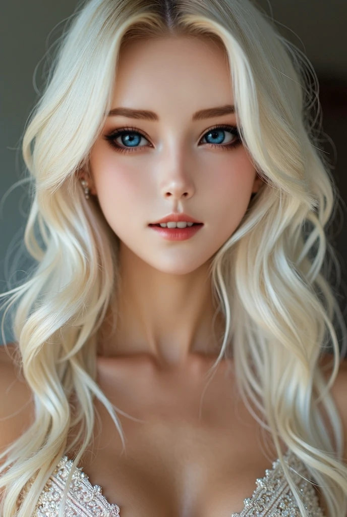 beautiful blonde woman, flowing golden hair, captivating blue eyes, delicate features, radiant smile, natural makeup, (nude), gentle expression, subtle blush, warm skin tones, ethereal lighting, soft shadows, high-resolution digital painting, realistic style, artistic interpretation, by a skilled portrait artist, ArtStation showcase.