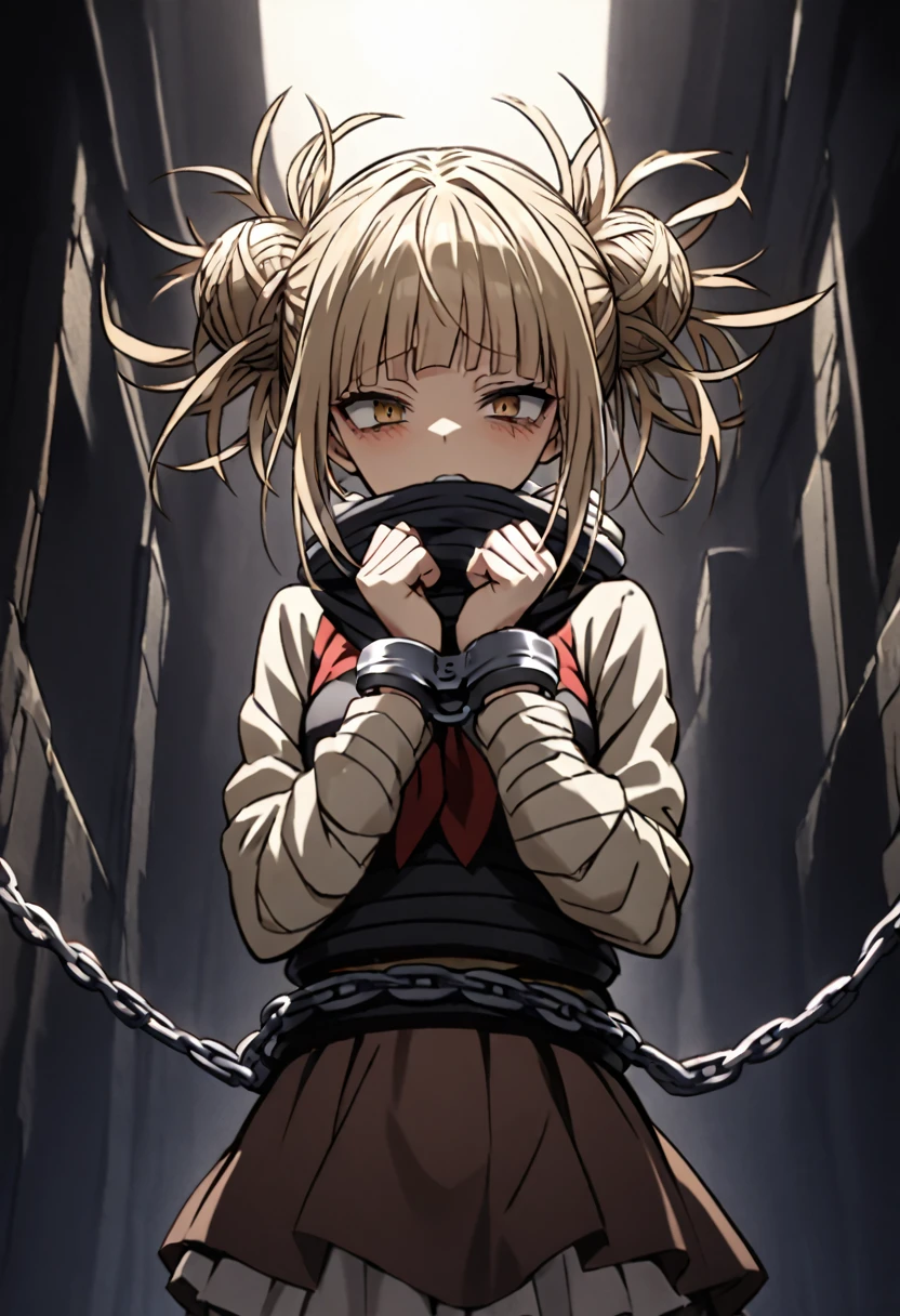  Himiko toga from My Hero Akademia Handcuffed with her hands folded in front (detained) with the handcuffs wrapped around their wrists in each hand   (Alone in a dark place )