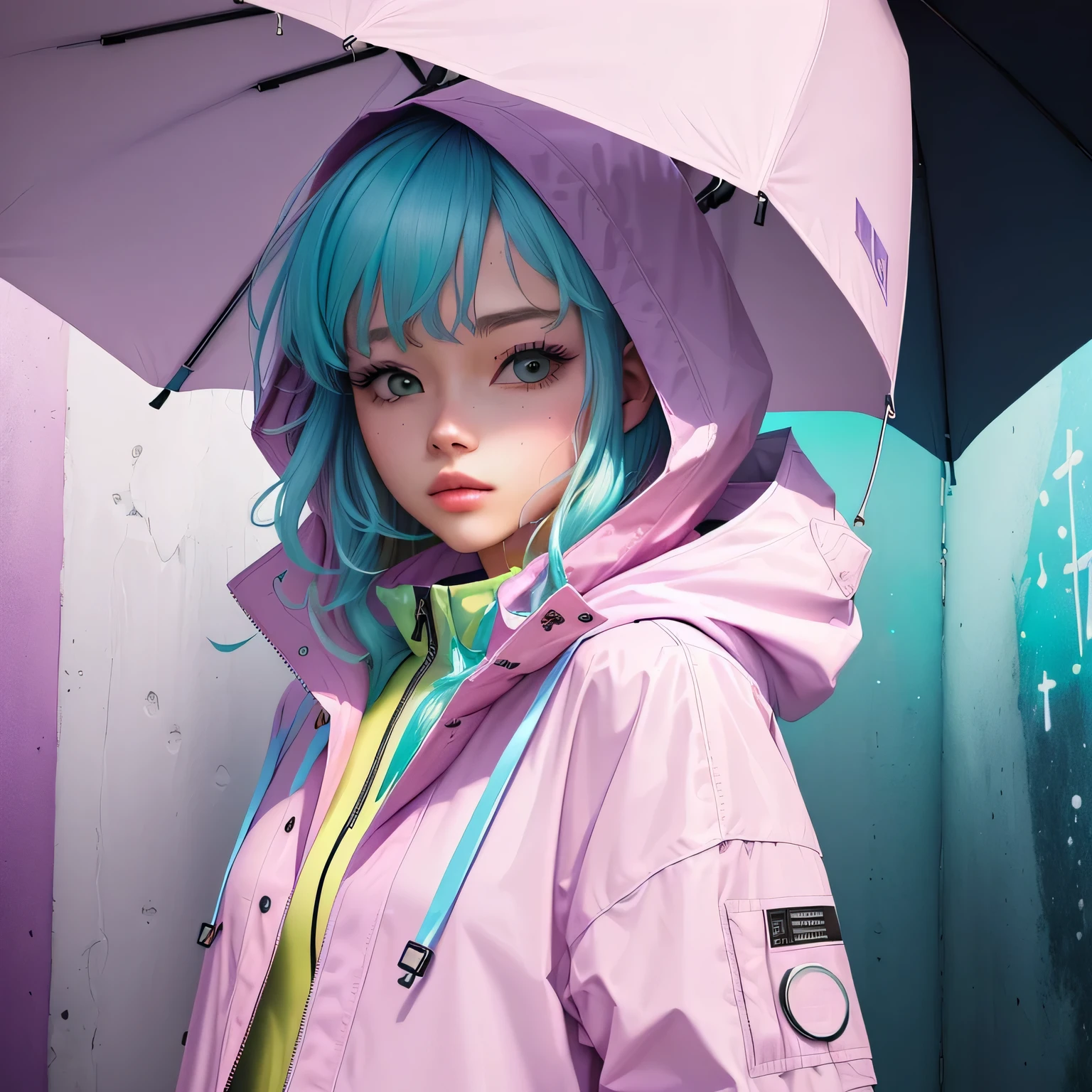 white,totally white,pastel colors,(bubble drip)1girl with techwear clothes,sexy,circular shapes on background(bubble drips)melt