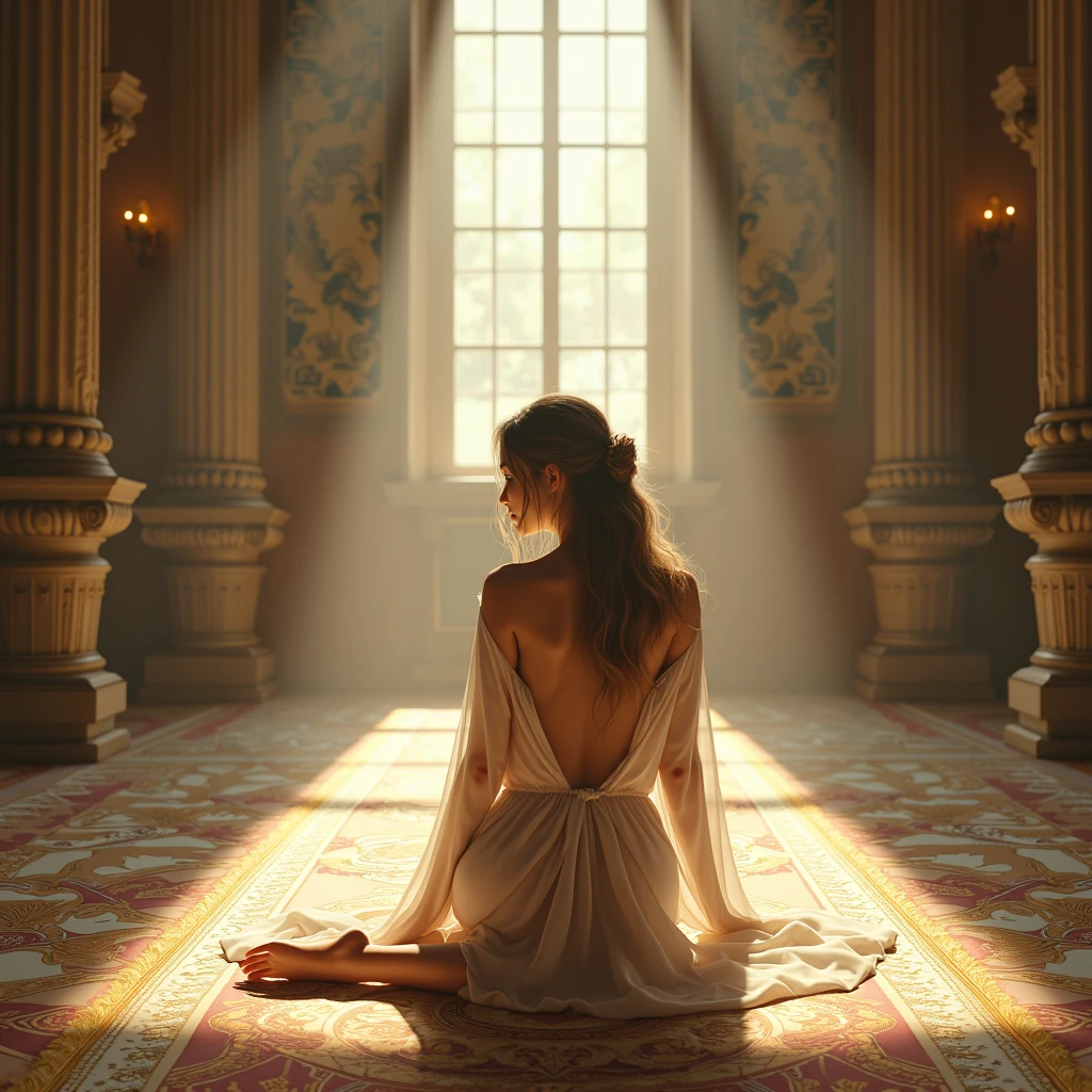 Wide angle of Naked Silver Queen, beautiful face, sitting on the royal Silver throne, in interior hall of an enchanting ancient Silver Indian royal palace, adorned in an exquisite Silver jewellery dress, Walls decorated with by a Royal Interior relief sculptures of kamasutra, emitting an alluring and magical aura, high quality, high detailed face. High detailed face.