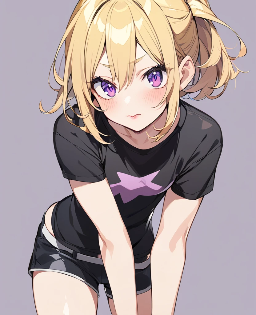 anime girl. short messy yellow hair, violet eyes, fair skin, flirtatious expression, fair skin, small tight black shirt, light blush, shorts, slightly pink lips.