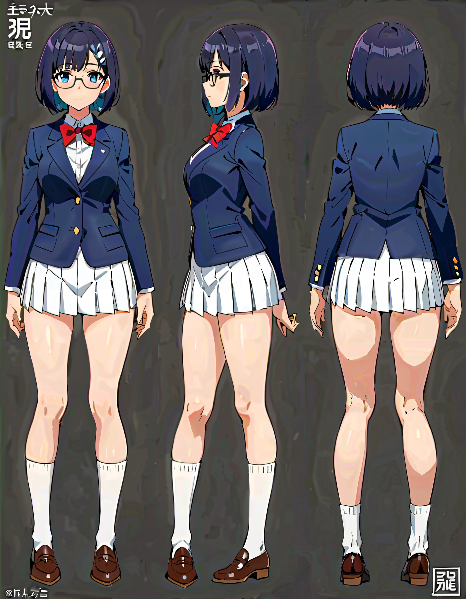 masterpiece, best quality, 1girl, solo, solo focus, brown shoes, matching shoes, white socks, matching socks, (blazer, blue blazer, white shirt), (red bow, bowtie), (white skirt, pleated skirt, miniskirt), glasses, standing, (dark blue hair, short hair, bob hair), blue eyes, beautiful detailed eyes, beautiful detailed face, cute face, perfect hands, complete fingers, perfect anatomy, perfect proportions, full body with costume. Simple background, Multiple Views, Character Sheet Full-Length. equal height. sfw.