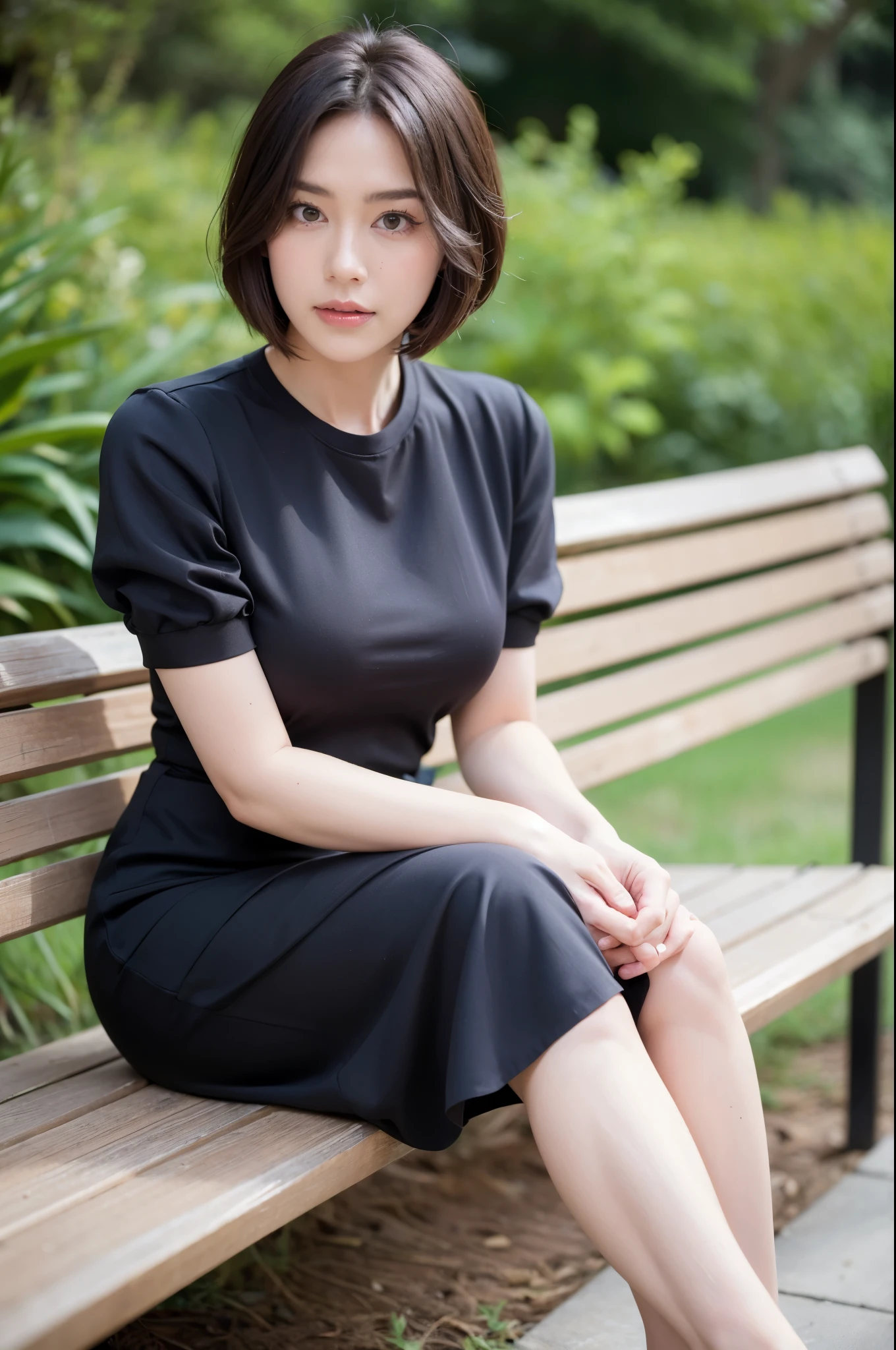 Beautiful woman sitting on the bench, in Central Park , (Arms behind back), (A hyper-realistic, hight resolution, ighly detailed:1.2), (8K), (Beatiful detailed eyes, A detailed face:1.2), (top-quality), (ultra-detailliert), (( masutepiece)), Best Quality, Very detailed, (Beautiful woman wearing a dark red plaid single-breasted blazer), BREAK, (light Blue rib knit sweater dress), BREAK, Black Medium Bob, Beautiful meticulous eyes, Cute face, Big Bossom, Beautiful meticulous face, Seductive smile, 25 years old, mature appearance, Realistic drawing art, 1woman, (shot from thights to head:1.3), (Beautiful thights:1.2), she is sitting  in sexy black pantyhose, Pay attention to your beautiful thighs,