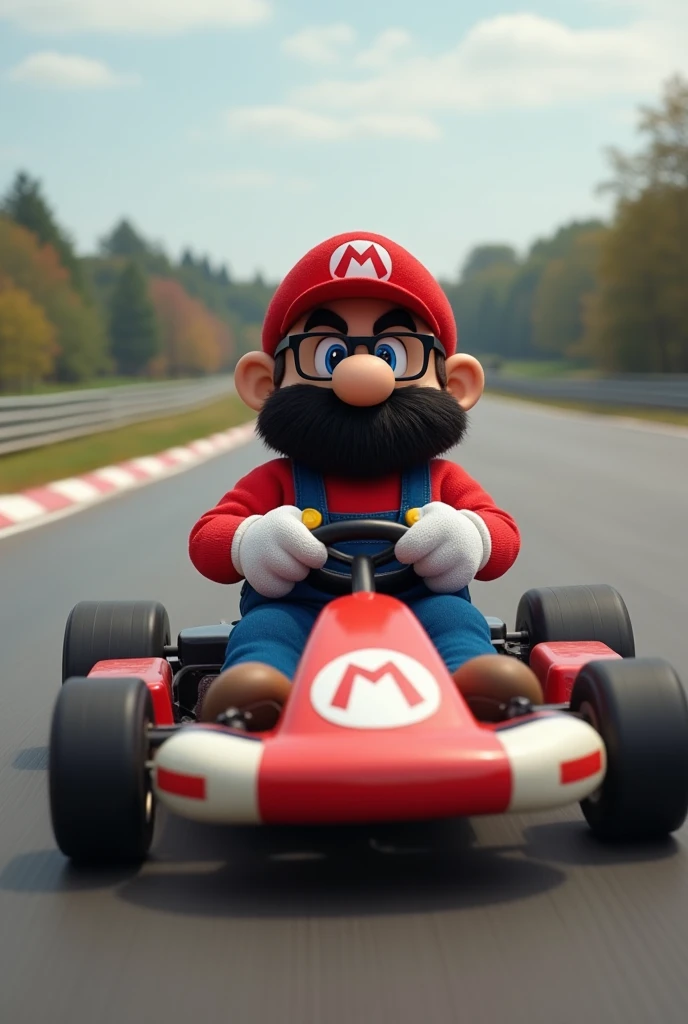 Highly realistic and detailed photograph of a medium-fat black man, 38 years old, average height 1.72, bald (shaved head), large head, large jaw, large black beard, wearing square prescription glasses and black frames, dressed in a Super Mario costume and is driving a Mario Kart on a race track, full body