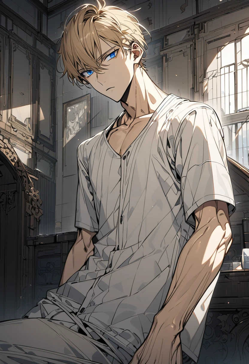 (1 Adult male),A high resolution, Sharp focus, Pixiv masterpiece, ((Complicated details)), highly detailed, natsuki_subaru, 1 man, irate,perspire,Drenched,Get wet,The shirt is soaked,full bodyesbian,soaking wet, Yellow eyes(eyes glowing), Short yellow hair,white shirt,Wear a tie,Wear a belt,perspire,look from down