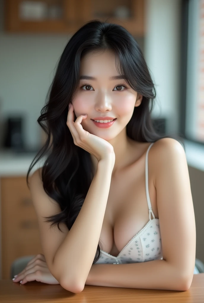 photo, live action, A slender 1 Japanese idol female sits confidently in homeroom with her G cup breasts spilling out of a tight tank top, framing a bright and mischievous smile. Her arms are folded in front of her chest to accentuate her ample bust as she presents to the camera. She exudes a playful and sexy aura.