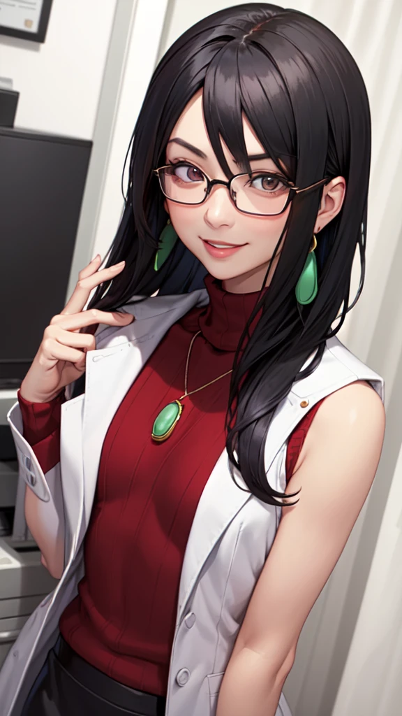 Upper body. masterpiece, best quality, minazukikyouko, black hair, glasses, necklace, earrings, red sweater, turtleneck, sleeveless, black miniskirt, Small breasts, upper body, looking at viewer, doctor's office, smile, mischievous 