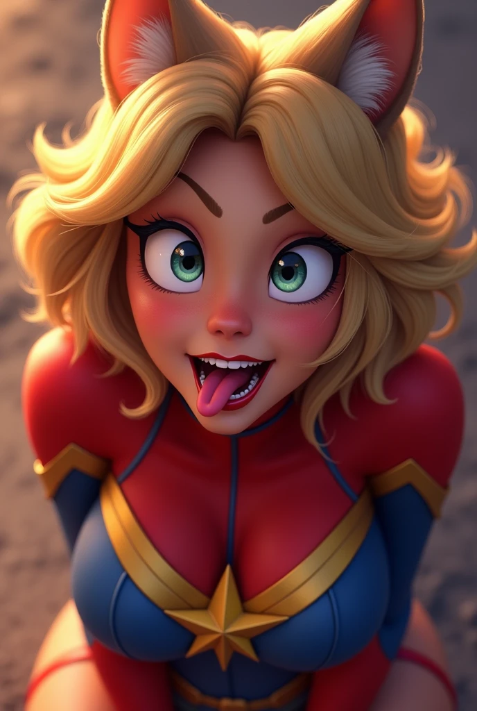 (masterpiece:1.3), (8k, Realistic, RAW Photos, highest quality: 1.4), Absurd, Charm, Ultra-high resolution, Ultra-realistic, Very detailed, Golden Ratio, (Realistic), (Best Shadow), Low contrast, (Complex:1.4), Side lighting, 8K, Beautiful Face, (Realistic Face), Beautiful hairstyle, Realistic eyes, Beautiful fine details, (Realistic Skin), Beautiful Skin, (One girl), ((Brie Larson, CAPTAIN MARVEL)), (Accurate hand and finger depiction), (Blonde Long Hair:1.3), (Frowning), ((Smile)), (I feel ecstasy:1.2), Flushing, (Sweat), NSFW ((fellatio)), (Blowjob face), ((deep throat:1.2)), BREAK ((1boy, 1penis:1.1, 2 thick penises:1.0)), ((Bust Shot)), (Head-on view)