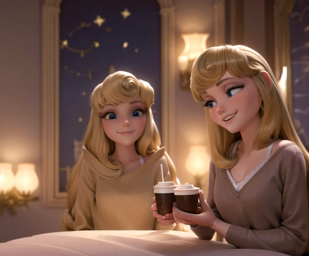 auroraodd, 1girl, curly bangs, curly hair, medium hair, blonde hair, blue eyes, makeup, smiling, teeth, half closed eyes, on bed on side
beige cardigan, collarbone, holding coffee cup
sitting at table, cafe, outdoors, bustling city, volumetric lighting, 2D, original source, in style of sleeping beauty, blurred background 
 