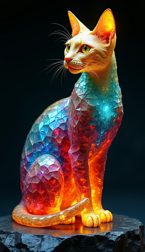 "A majestic and otherworldly cat with a body made entirely of intricate mosaic-like crystals. Each crystal fragment is multi-faceted, shimmering in vibrant hues of turquoise, ruby red, sapphire blue, and golden yellow, arranged in a kaleidoscopic pattern that seamlessly forms the cat's elegant, sleek body. The cat’s large, expressive eyes glisten like polished gemstones, radiating a mystical golden glow. Its ears are elongated and covered with tiny crystalline patterns that resemble a mosaic crown, while its tail is a smooth flow of interlocked crystal shards, ending in a radiant, fiery gradient. The cat sits gracefully on a polished obsidian stone, surrounded by a dark and minimal background that contrasts with the luminous reflections from its crystalline body. The ambient lighting highlights the intricate mosaic textures without introducing glowing lights or distracting elements, focusing entirely on the cat's detailed and dazzling crystal form."

