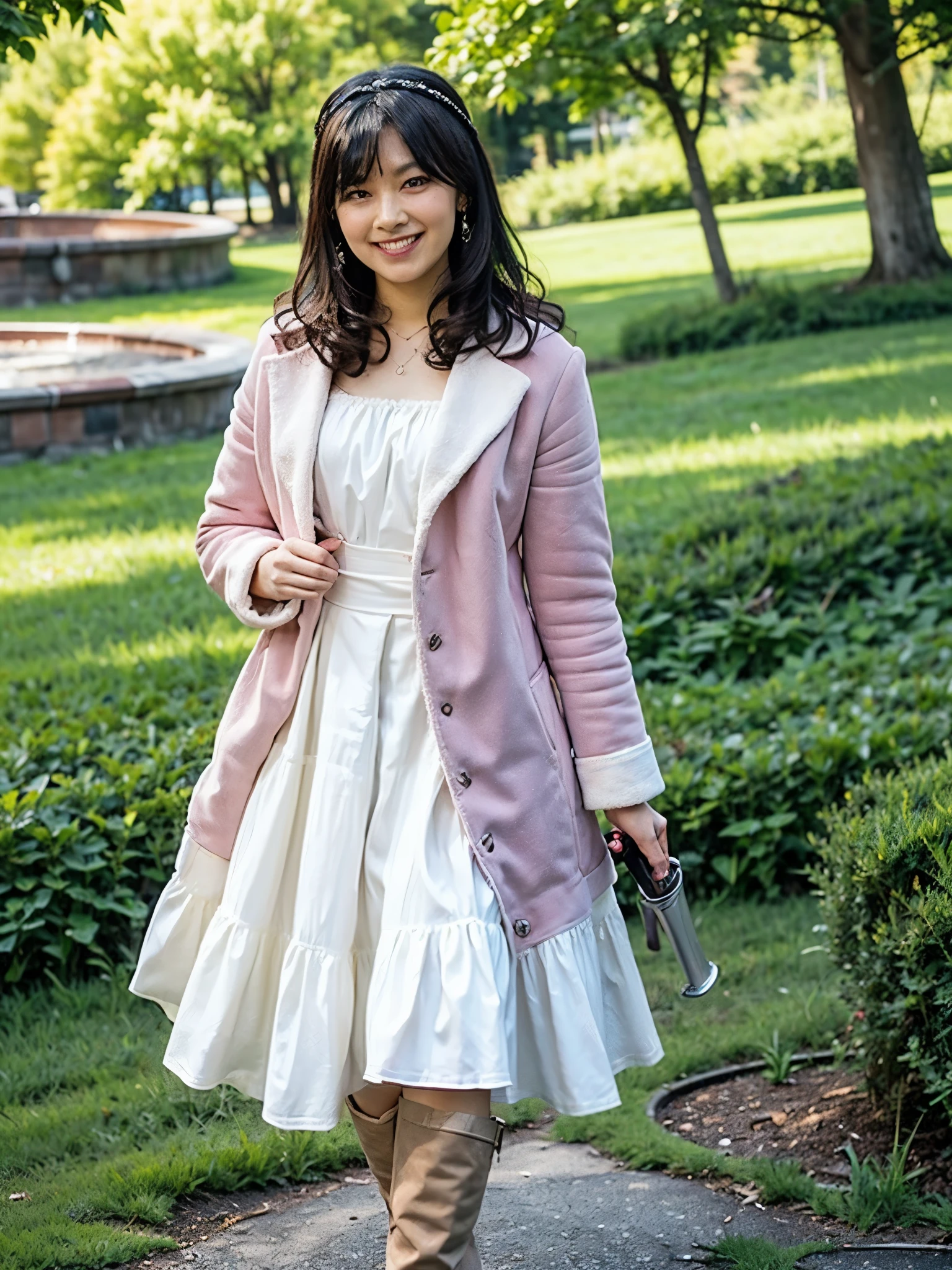 (extremely detailed), (best quality), perfect face, shiny skin, lustrous skin,wide hips,narrow waist, 1girl  ,solo AhimGokai, long sleeves,ring,knee boots,white dress,pink coat,hairband, necklace,jewelry, boots, long hair, dress, black hair, smile, forest background, standing,perfect hands