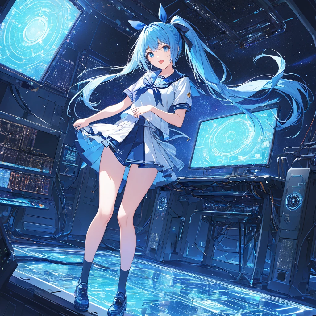 Standing on a mother-board in cyber-space. Masterpiece, Very detailed, Ultra-detailed, one beautiful cyber-girl. lovely blue hair in a pony-tail, beautiful exited blue eyes, wearing a sailor outfit. She's playing with her chest ribbon. exited.