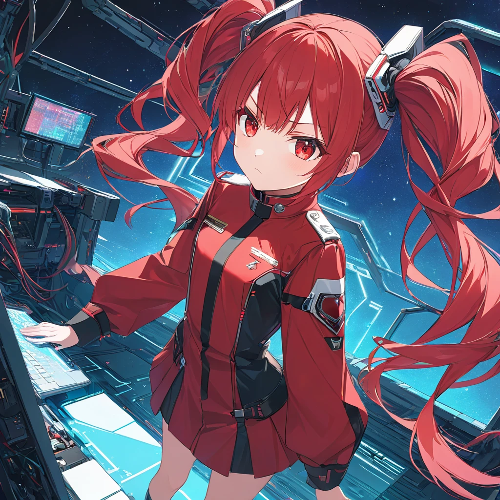 Standing on a mother-board in red cyber-space. Masterpiece, Very detailed, Ultra-detailed, one cute cyber-girl, short hot-red hair in twin-tails, beautiful bright red eyes, flat chested, wearing a commanders uniform. She's annoyed at fixing her button. haughty and angry.