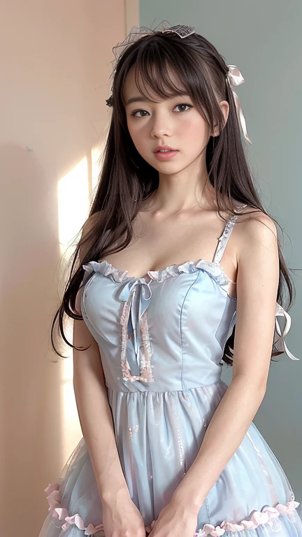 (Highest quality、masterpiece、8k、Best image quality、Hyperrealism、Award-winning works)、1 cute beautiful girl、(alone:1.1)、(1 photo:1.1)、(cute, Girlish, A sheer ****ta dress in light pink and light blue:1.2)、(Cute Girlish big ribbon:1.1)、(Cute and luxurious hair accessories:1.1)、(The perfect ****ta dress with attention to detail:1.2)、(A cute dress with frills and ribbons:1.1)、(cute ****ta dress with lace decorations:1.1)、(Cute Girlish ****ta wavy hair:1.1)、(Low length:1.1)、(height: 140cm:1.1)、(small and perky breasts:1.2)、(Glamorous Body:1.5)、()、(Pink Roses:1.1)、(cute heart symbol:1.1)、Cute Lots of frills、(Big cute ribbon:1.1)、Accentuate your body lines、Slender body、Standing Elegantly、(Pastel color Girlish and luxurious ****ta room background:1.1)、(A fairytale room with attention to detail:1.1)、(cute light blue decorative wall:1.2)、(cute room with a っぽい atmosphere in pastel colors:1.1)、(cute room with very bright and shiny pastel colors:1.4)、(A very bright and shiny room:1.2)、(Lots of pastel colors:1.2)、(very bright and vivid:1.4)、(cute pastel color wall decoration:1.2)、Blurred Background、Standing Elegantly Girl、Accurate anatomy、Perfect Makeup、Long eyelashes、Glossy Lips、Ultra HD glossy skin、(Ultra-high resolution, bright and beautiful skin:1.2)、(Super bright and radiant skin:1.2)、Ultra-high definition glossy lips、Ultra-high resolution beautiful teeth、Light brown and blonde hair、Light brown eyes