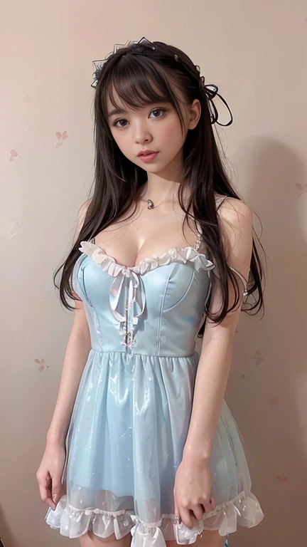 (Highest quality、masterpiece、8k、Best image quality、Hyperrealism、Award-winning works)、1 cute beautiful girl、(alone:1.1)、(1 photo:1.1)、(cute, Girlish, A sheer lolita dress in light pink and light blue:1.2)、(Cute Girlish big ribbon:1.1)、(Cute and luxurious hair accessories:1.1)、(The perfect lolita dress with attention to detail:1.2)、(A cute dress with frills and ribbons:1.1)、(cute lolita dress with lace decorations:1.1)、(Cute Girlish lolita wavy hair:1.1)、(Low length:1.1)、(height: 140cm:1.1)、(small and perky breasts:1.2)、(Glamorous Body:1.5)、()、(Pink Roses:1.1)、(cute heart symbol:1.1)、Cute Lots of frills、(Big cute ribbon:1.1)、Accentuate your body lines、Slender body、Standing Elegantly、(Pastel color Girlish and luxurious lolita room background:1.1)、(A fairytale room with attention to detail:1.1)、(cute light blue decorative wall:1.2)、(cute room with a っぽい atmosphere in pastel colors:1.1)、(cute room with very bright and shiny pastel colors:1.4)、(A very bright and shiny room:1.2)、(Lots of pastel colors:1.2)、(very bright and vivid:1.4)、(cute pastel color wall decoration:1.2)、Blurred Background、Standing Elegantly Girl、Accurate anatomy、Perfect Makeup、Long eyelashes、Glossy Lips、Ultra HD glossy skin、(Ultra-high resolution, bright and beautiful skin:1.2)、(Super bright and radiant skin:1.2)、Ultra-high definition glossy lips、Ultra-high resolution beautiful teeth、Light brown and blonde hair、Light brown eyes