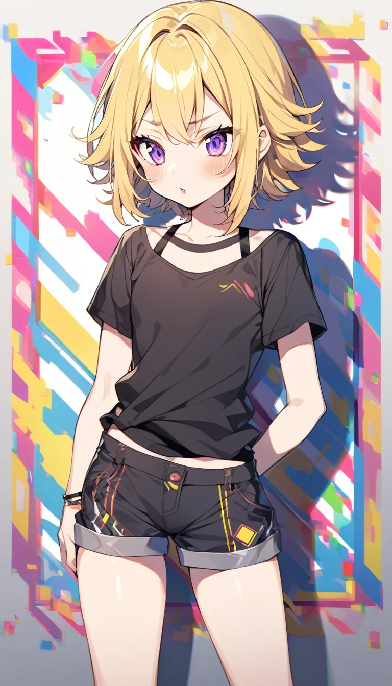 anime girl. short messy yellow hair, violet eyes, fair skin, flirtatious expression, fair skin, small tight black shirt, light blush, shorts, slightly pink lips.