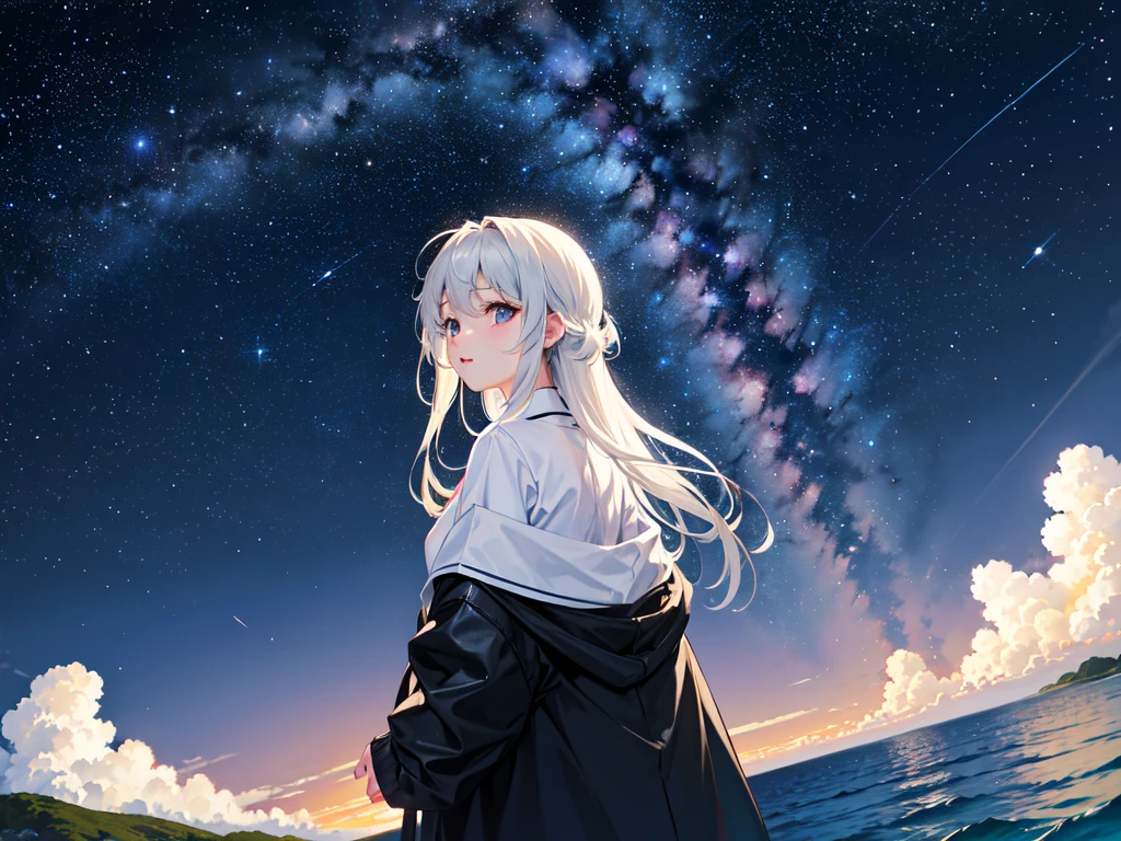 [(Starry sky background:1.5),::5],
 Midshot , 
//
masterpiece,  High Quality ,  Hi-Res,   No people , You can see the ocean, Very beautiful、bright galaxies and stars々,Light up beautifully 、I can see a few clouds、