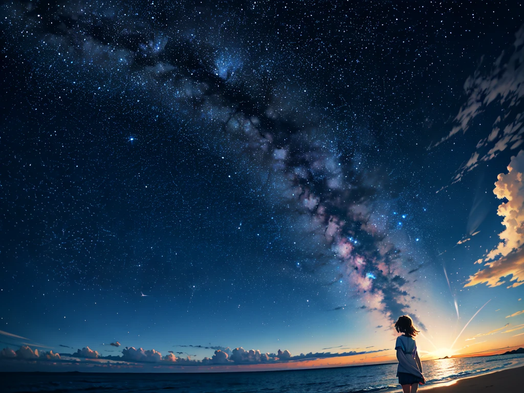 [(Starry sky background:1.5),::5],
 Midshot , 
//
masterpiece,  High Quality ,  Hi-Res,   No people , You can see the ocean, Very beautiful、bright galaxies and stars々,Light up beautifully 、I can see a few clouds、