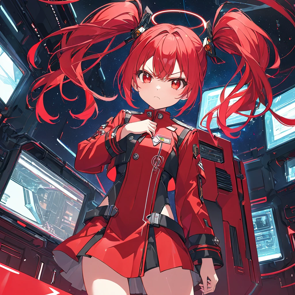 Standing on a red mother-board in red cyber-space. Masterpiece, Very detailed, Ultra-detailed, one cute cyber-girl, short hot-red hair in twin-tails, beautiful bright red eyes, flat chested, wearing a commanders uniform. She's annoyed at fixing her button. haughty and angry.