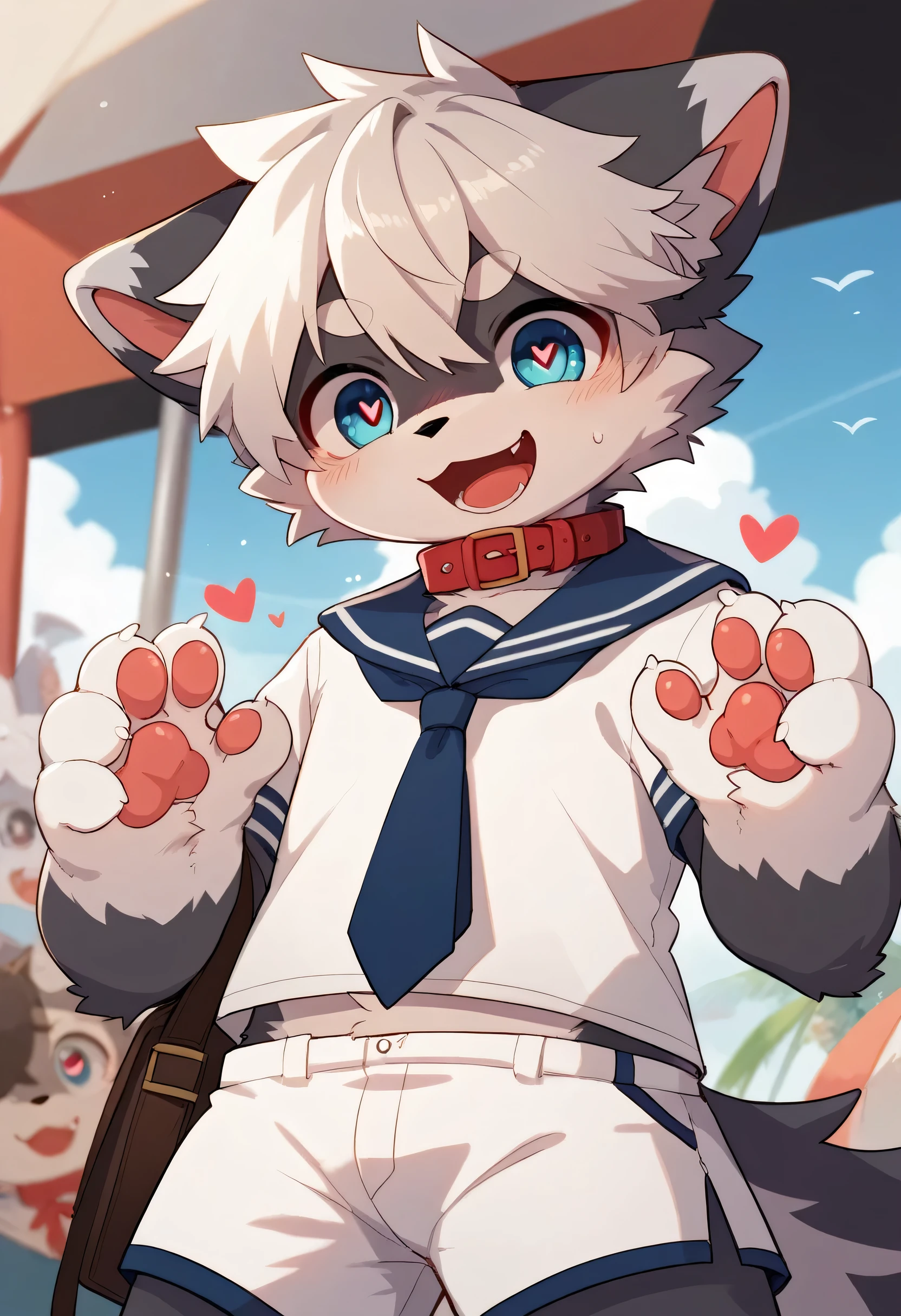  very detailedな, very detailed, gray fur white hair ,Age 15,male, excited to see bones , wolf fur,Excited,participate, cute face, fluffy fur like one,Horny boy,cute ears ,Fluffy Ears ,Fluffy Ears ,Show me a paw ,Red collar, in front of everyone,Tie the husband's , cute fur boy , boy, heart eyes,Horny boy , black back , blush nose ,Alone,Droopy ears, white shorts ,Blue Sailor Suit