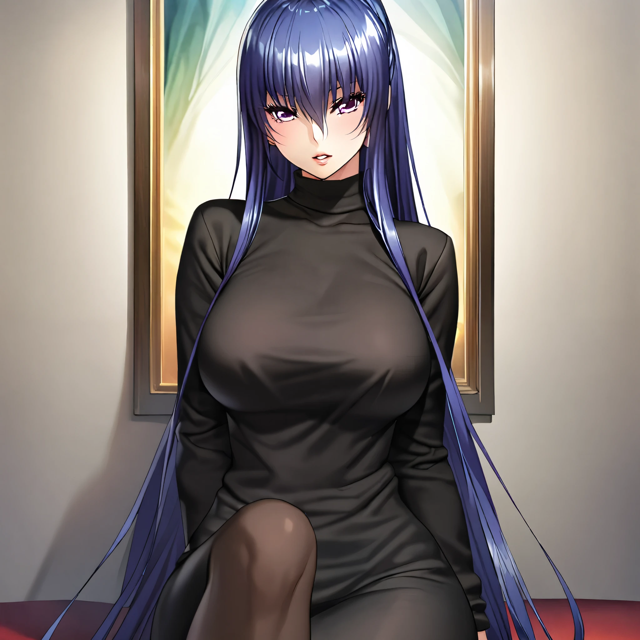 Akiyama Rinko,  1 girl, Alone,  Blue Hair, langes Haar,  purple eyes, hair between the eyes, lipstick, parted lips, Body,  looks at the observer, sitting lassively , inviting, body pictured , full-body photo