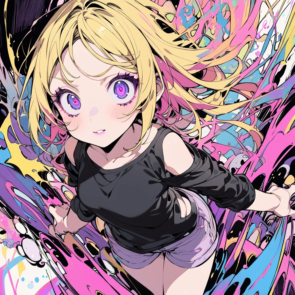 anime girl. short messy yellow hair, violet eyes, fair skin, flirtatious expression, fair skin, small tight black shirt, light blush, shorts, slightly pink lips.