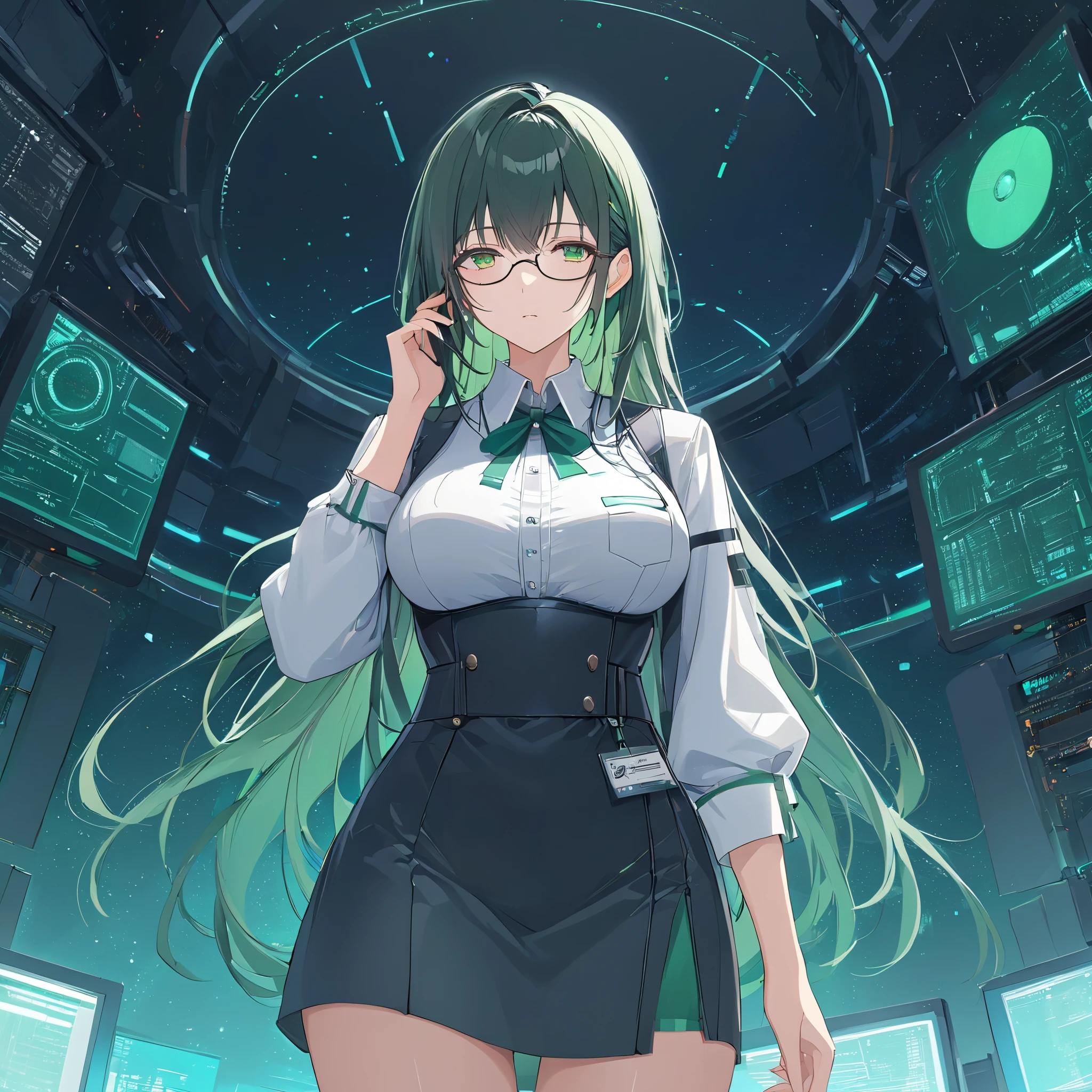 Standing on a mother-board in cyber-space. Masterpiece, Very detailed, Ultra-detailed, one very tall beautiful cyber-girl. long lovely dark-green hair, beautiful deep green eyes, well endowed. wearing glasses. wearing a secretary uniform. She's calmly adjusting her glasses. brooding.