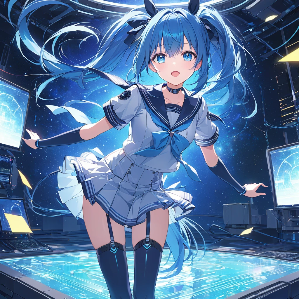 Standing on a mother-board in cyber-space. Masterpiece, Very detailed, Ultra-detailed, one beautiful cyber-girl. lovely blue hair in a pony-tail, beautiful exited blue eyes, wearing a sailor outfit. She's playing with her chest ribbon. exited.