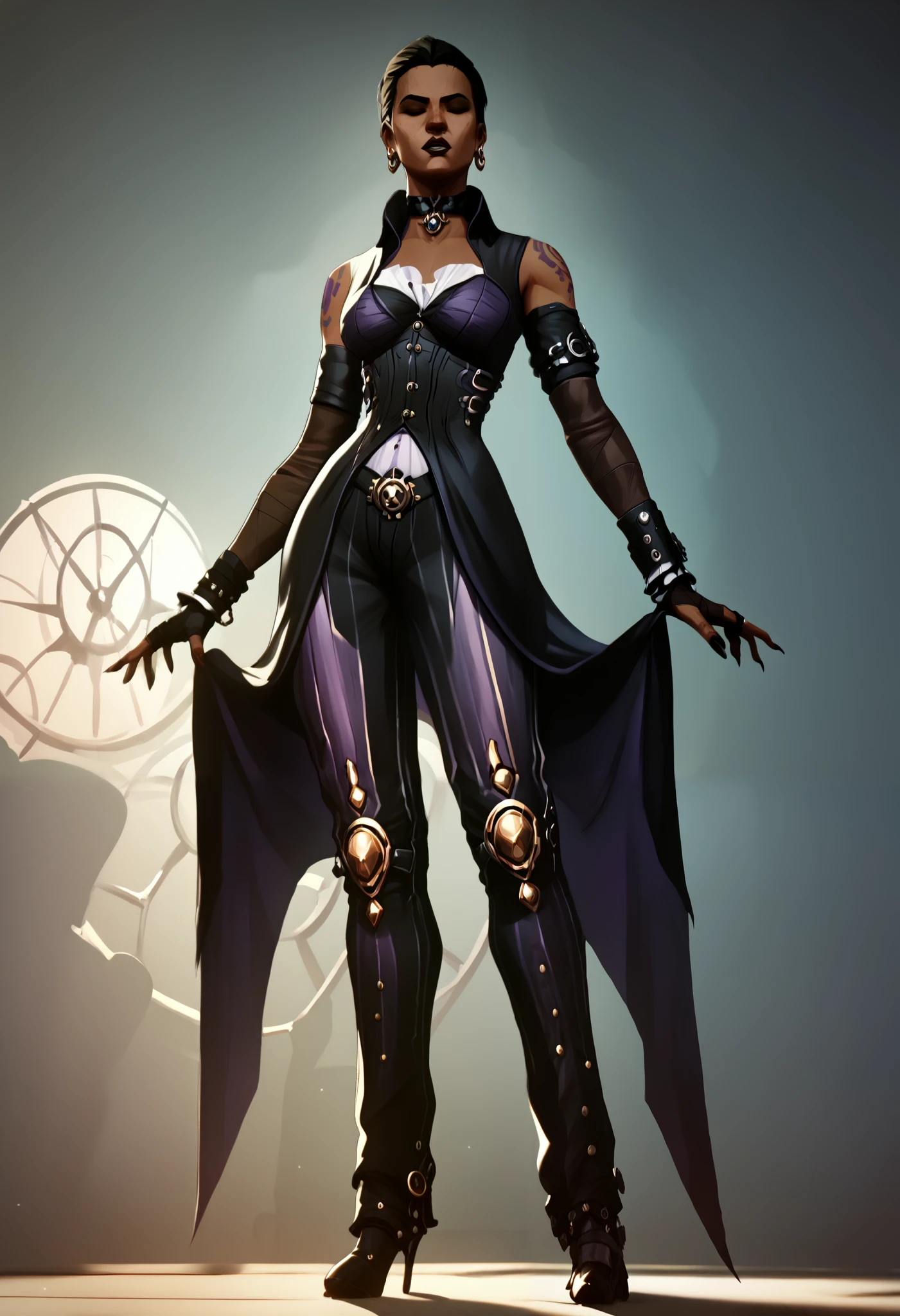 A character outfit from the series arcane gothic outfit , detailed, black clothes, dark skin, metallic, bioluminescent purple tattoos , jewelry, extravagant, huge baggy pants,  black, sexy, steampunk, comfortable clothes 