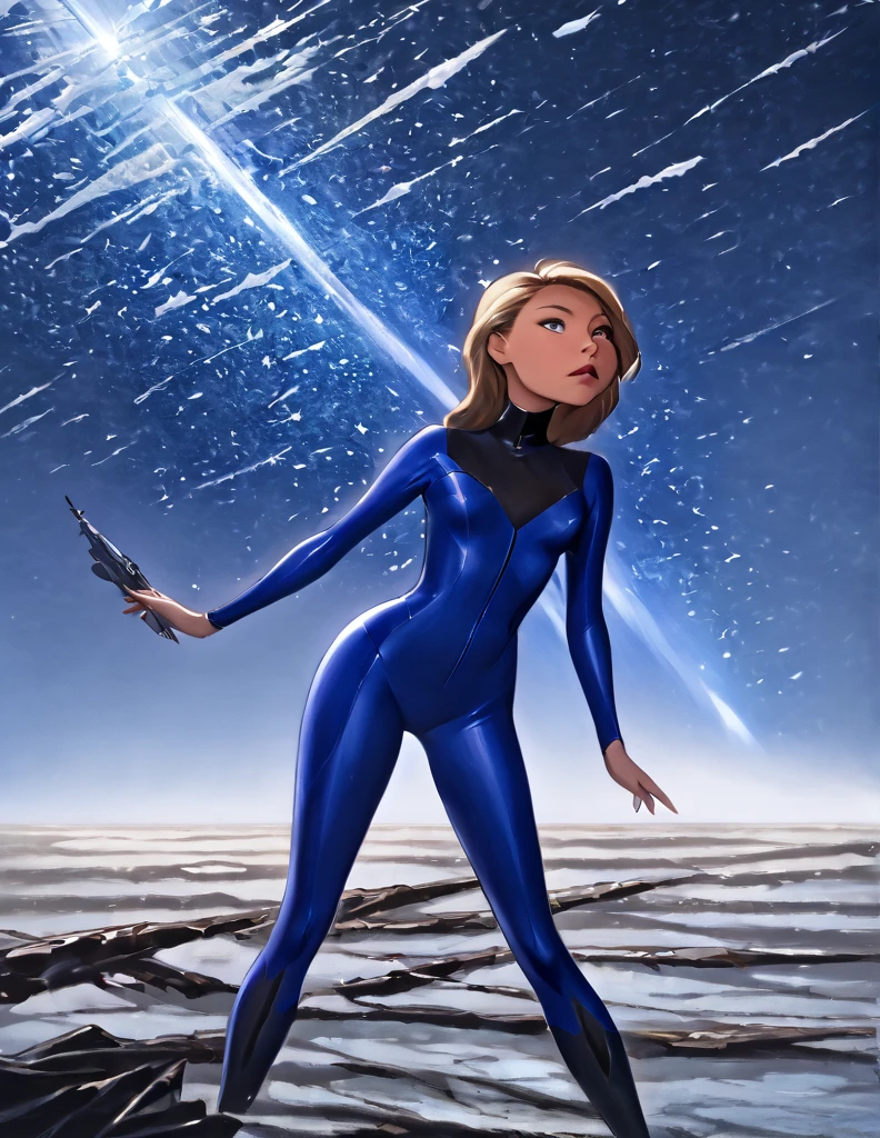 Woman wearing a blue wet suit . . She is floating in space she as if she was standing stiff with her feet pointing downward. OThe is sharp jagged space debris floating around. She is in front of a wrecked star ship 