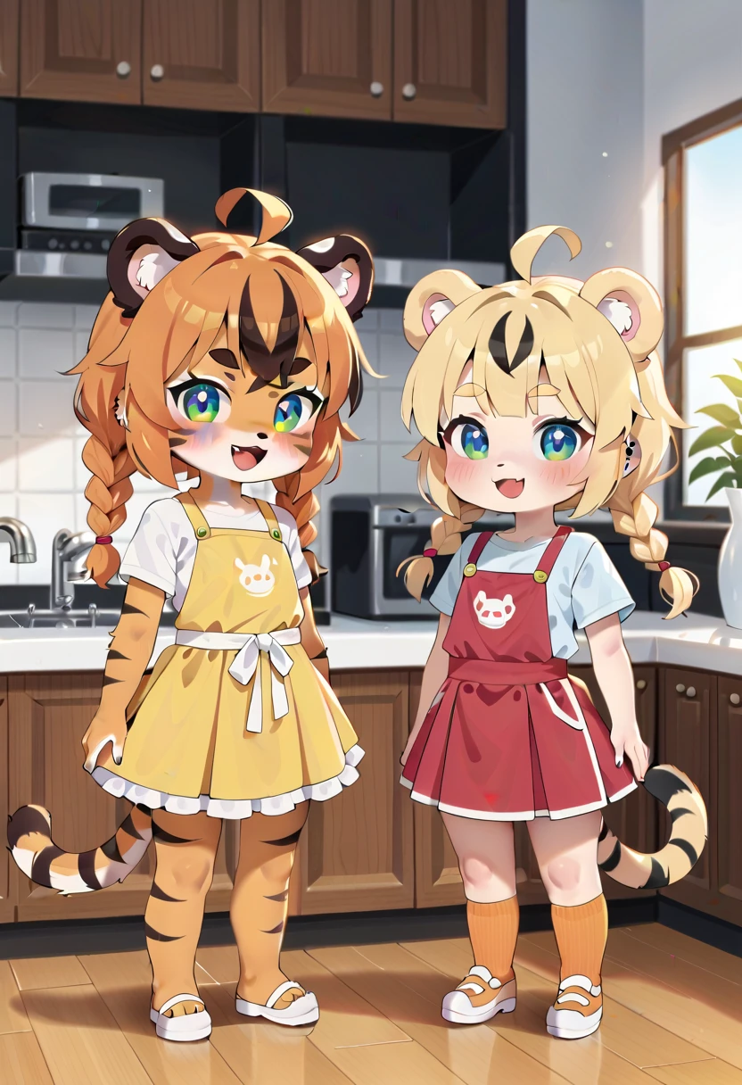 masterpiece, high resolution, best quality, baby body, baby height, flat chest, baby face, furry tiger (two girls:1.5), Geminis are busy preparing food in the kitchen, in casual clothes, happy, tiger ears, tiger tail, fluffy fur, multicolored hair, twin braids, piercing, makeup, tattoo