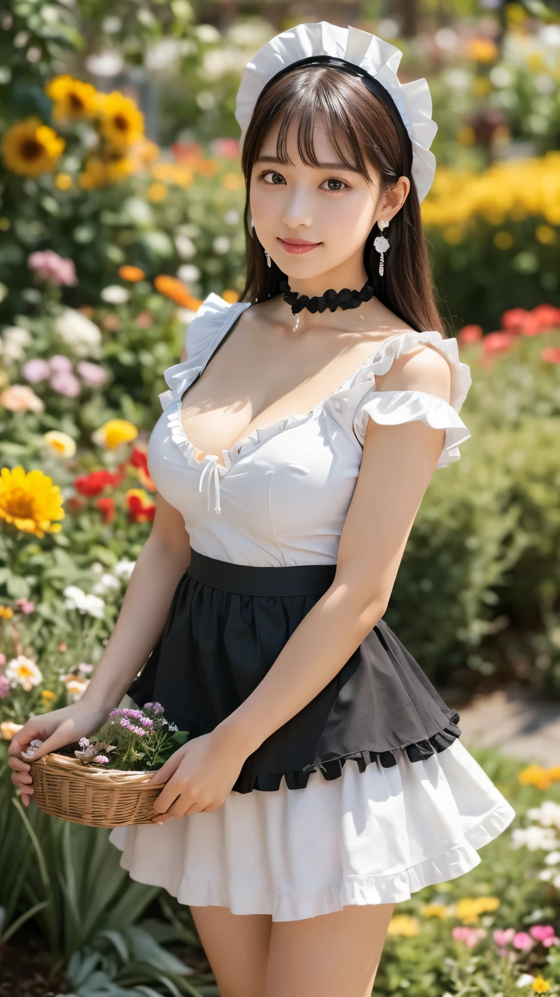 best quality, masterpiece, soft light, ultra high resolution, (photorealistic:1.4), Raw photo, 1 woman, ((beautiful woman)), cute type, ((Cute ocean maid outfit, white maid headdress, black shirt, black skirt, white frill apron, black ruffled choker, earrings, high heels)), (huge big breasts :1.2), (High resolution details of human skin texture), smile, (People photography), (perky butt), Fall season atmosphere, ((Being in the flower garden)),