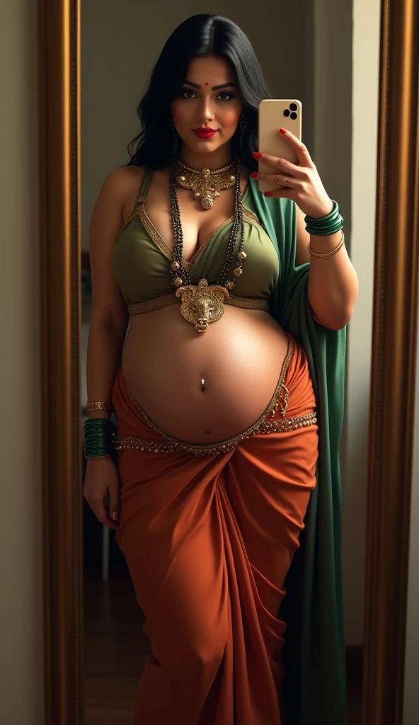 a pregnant woman in a green dress posing for a photo, pregnant belly, Photo of a promotional session, taken in the photographic studio, her belly is fat and round, pregnant, long flowing green mantle, photoshoot corpo inteiro, fotografia glamour, ensaio de corpo inteiro, modelo plus size atraente, tiro glamour, Studio shot, vestindo longo manto verde, corpo inteiro manto roxo branco