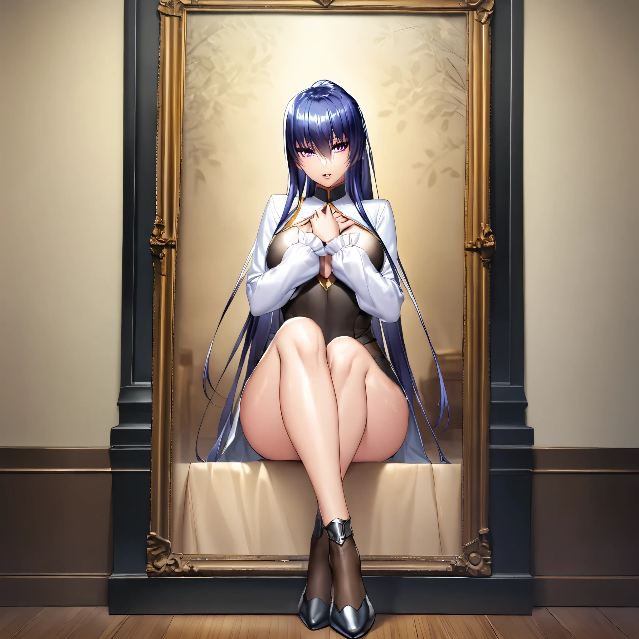 Akiyama Rinko,   1 girl, Alone,   Blue Hair, langes Haar,   purple eyes, hair between the eyes, lipstick, parted lips, Body,  Look at the observer ,  sitzende Body  , inviting, The pictured   ,  full body photo ,  legs crossed ,  hands below the chest against the body 