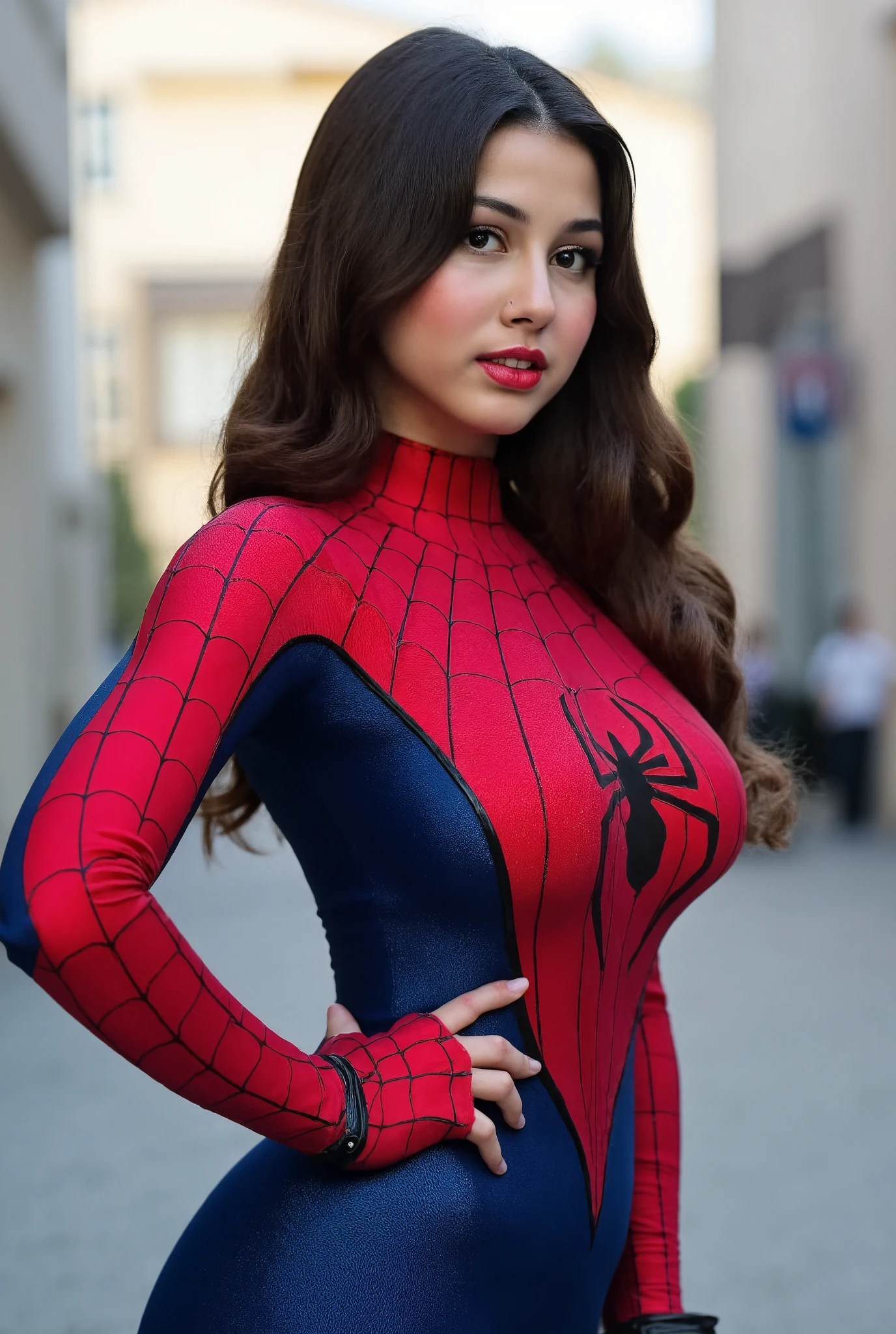 "An intricately-detailed depiction of a mexican woman in a Spider-Man cosplay outfit, showcasing her defined body and medium breasts in the cleavage area, complete with an action-packed pose and a dynamic angle."