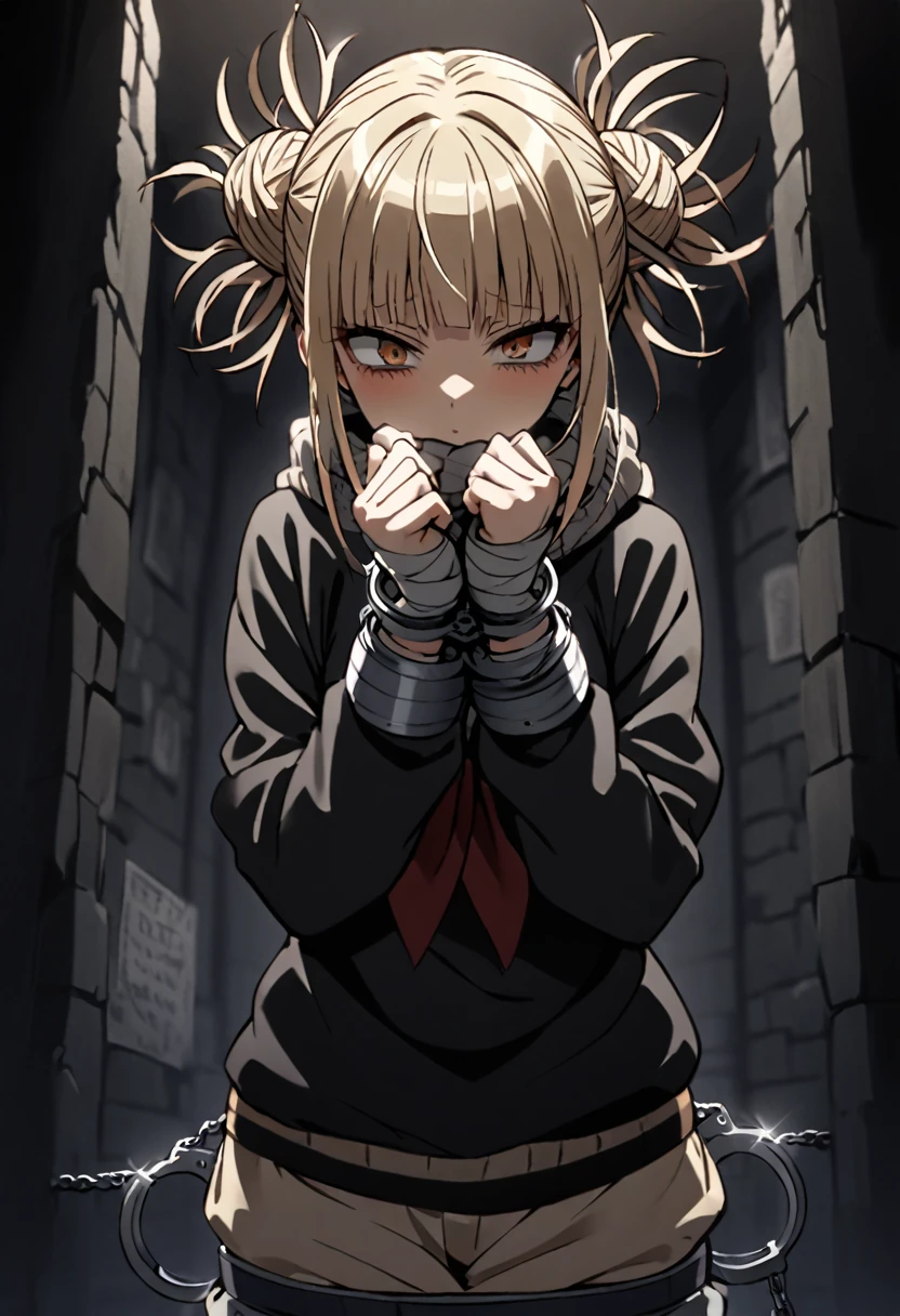  Himiko toga from My Hero Akademia Handcuffed with her hands folded in front (detained) with the handcuffs wrapped around their wrists in each hand  (Alone in a dark place )