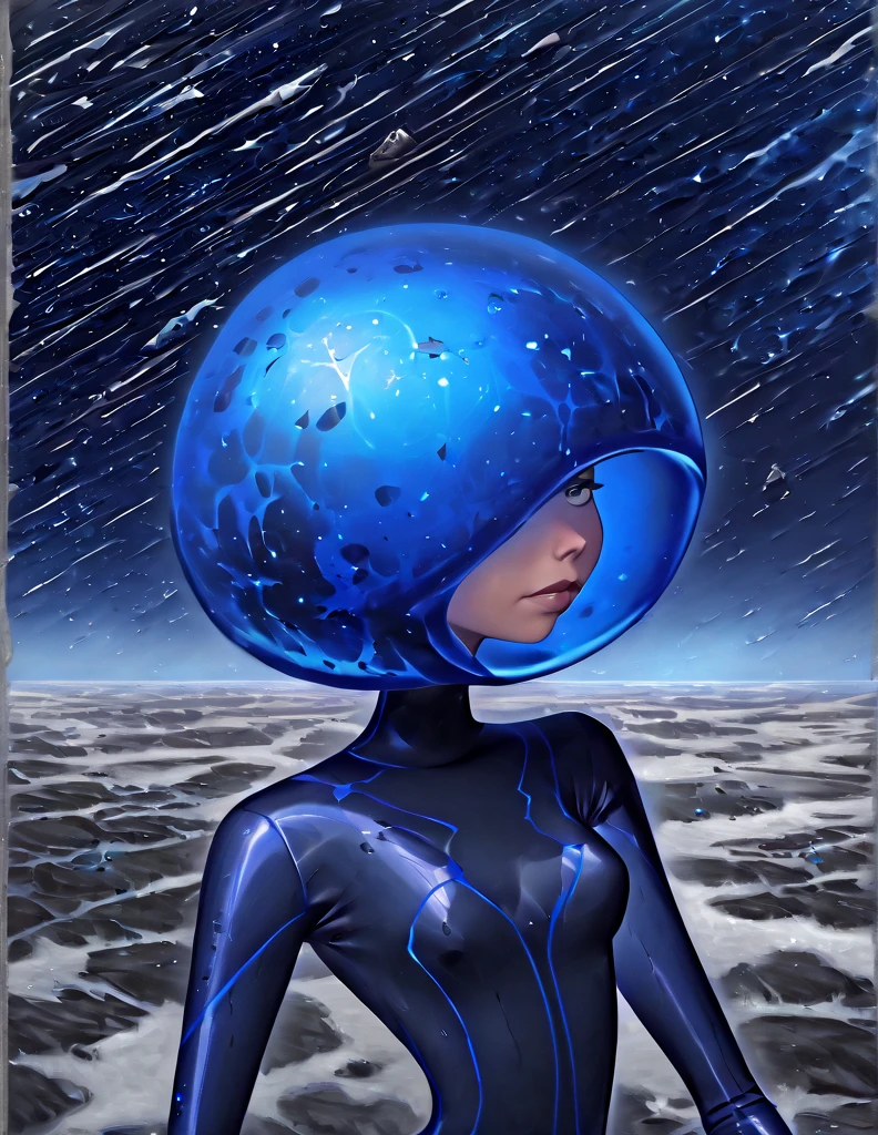 Woman wearing a blue bubble helmet wet suit . . She is floating in space she as if she was standing stiff with her feet pointing downward. OThe is sharp jagged space debris floating around. She is in front of a wrecked star ship 