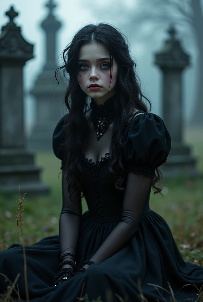 A stunning young gothic girl sitting in the graveyard, hyper - SeaArt AI