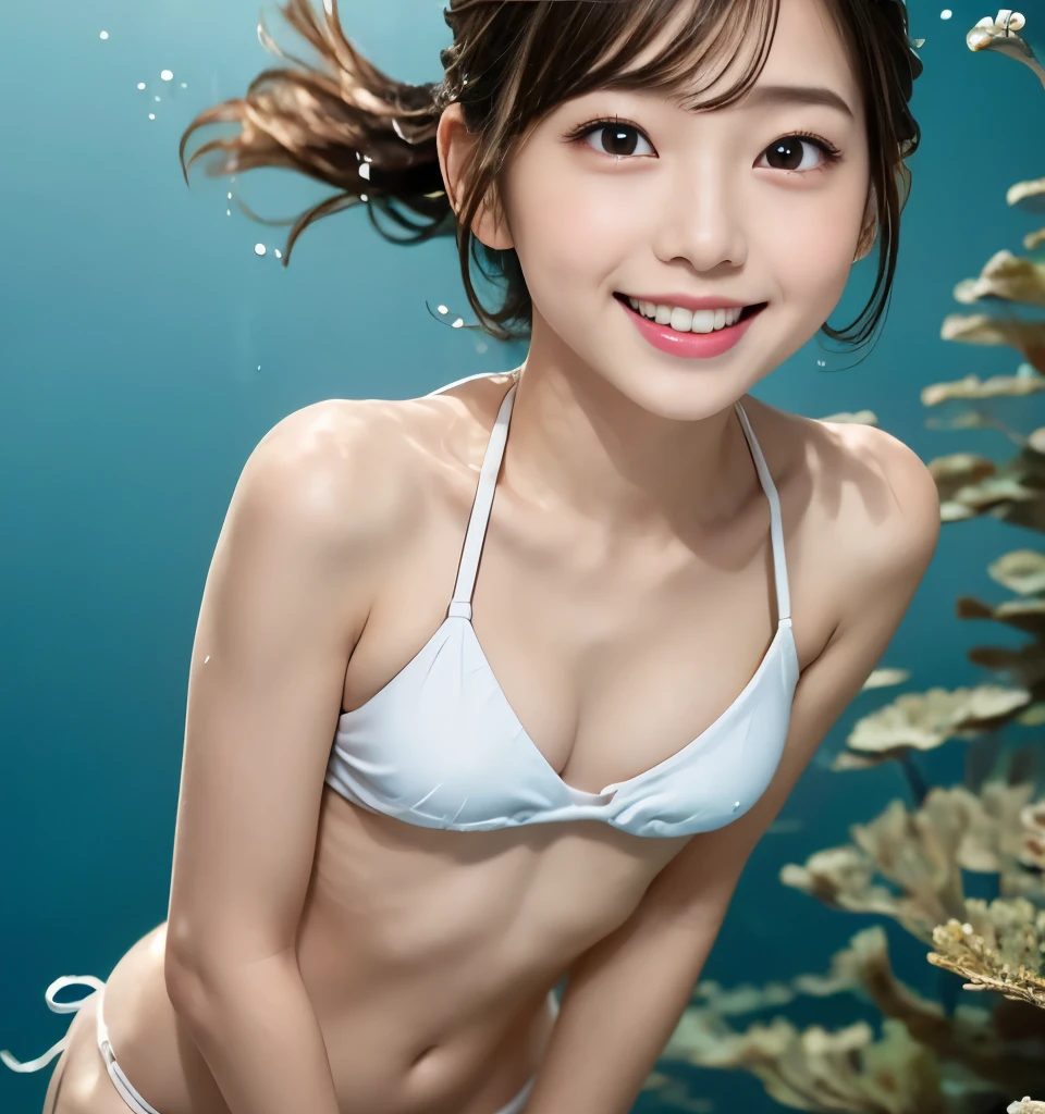  best quality、、 ultra high resolution、Clear Photo、Professional Lighting、( very cute girl、 beautiful girls、 Cute Yuki Yoda 、The cutest in the world)、baby face、 small face、 very short hair:1.6、smile、 thin waist、 big erect nipples、( underwater off the ocean:1.8)、 Underwater Diving :1.8、(In a tiny white bikini:1.6)、Shooting from directly below:1.4、Hair sways like waves、 wet hair 、Foaming at the mouth、The bubbles dance、Full body images