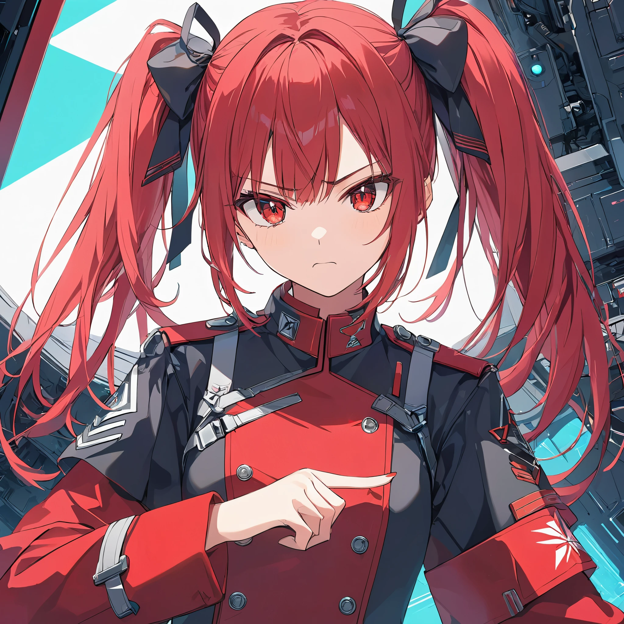 Standing on a red mother-board in red cyber-space. Masterpiece, Very detailed, Ultra-detailed, one cute cyber-girl, short hot-red hair in twin-tails, beautiful bright red eyes, flat chested, wearing a commanders uniform. She's annoyed at fixing her button. haughty and angry.