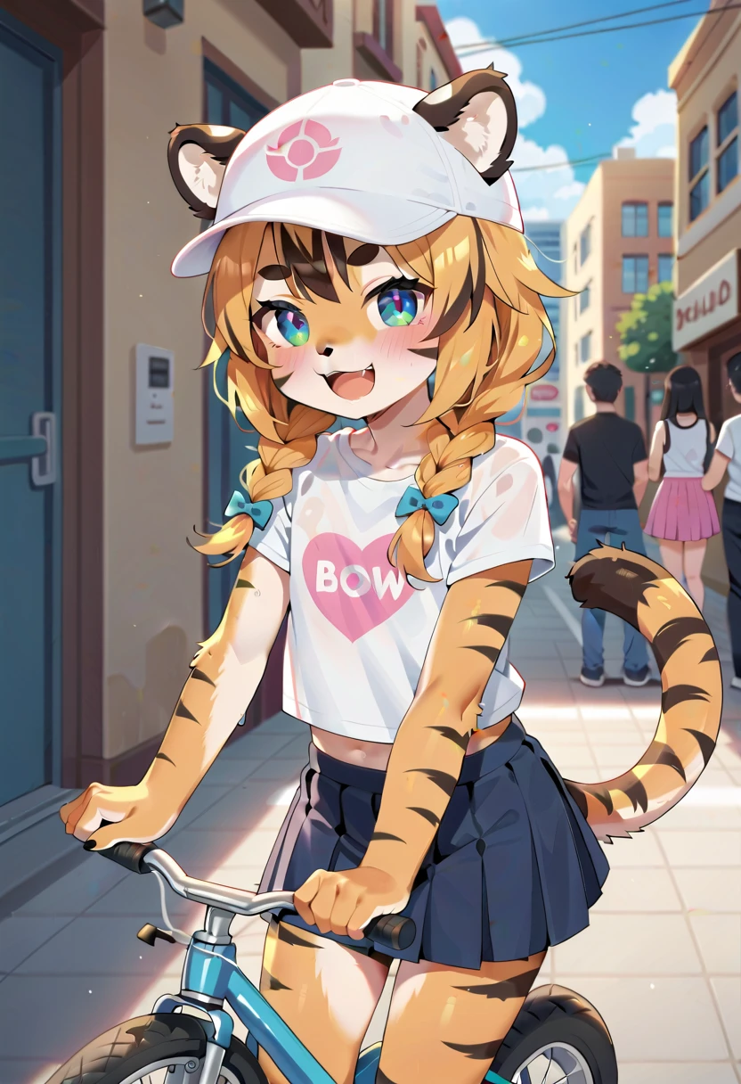 masterpiece, high resolution, best quality, baby body, baby height, flat chest, baby face, furry tiger girl riding a bike, T-shirt, skirt, cap, happy, tiger ears, tiger tail, fluffy fur, multicolored hair, twin braids, piercing, makeup, tattoo, public, street