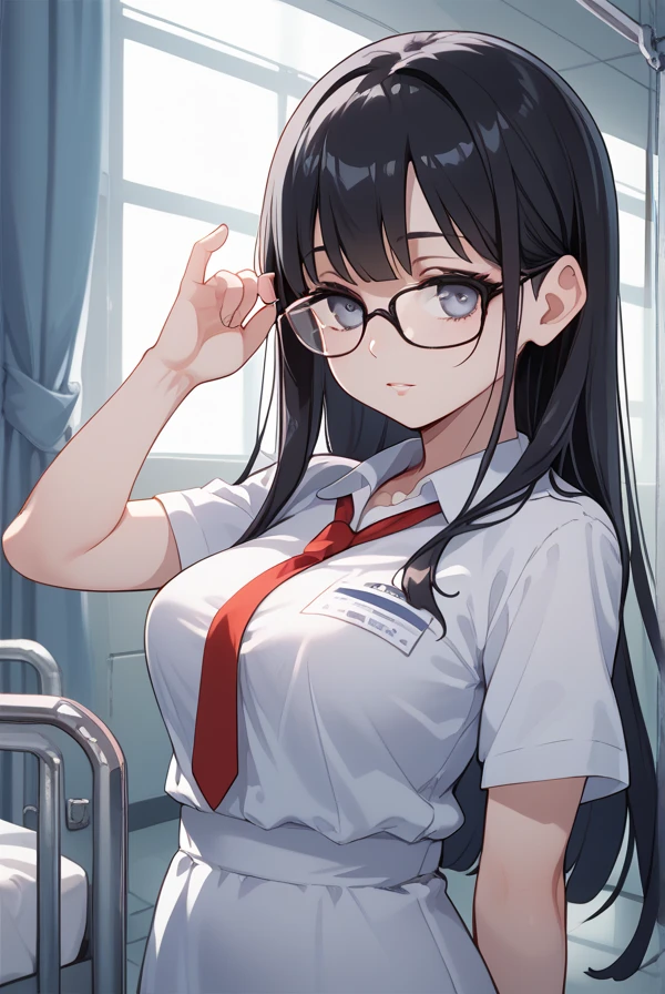 (High resolution),(Fine details),solo,Adult Woman,blush,Large breasts,Sweat,Oily skin,office lady,Glasses with red frames,office,anime portrait,Frontal