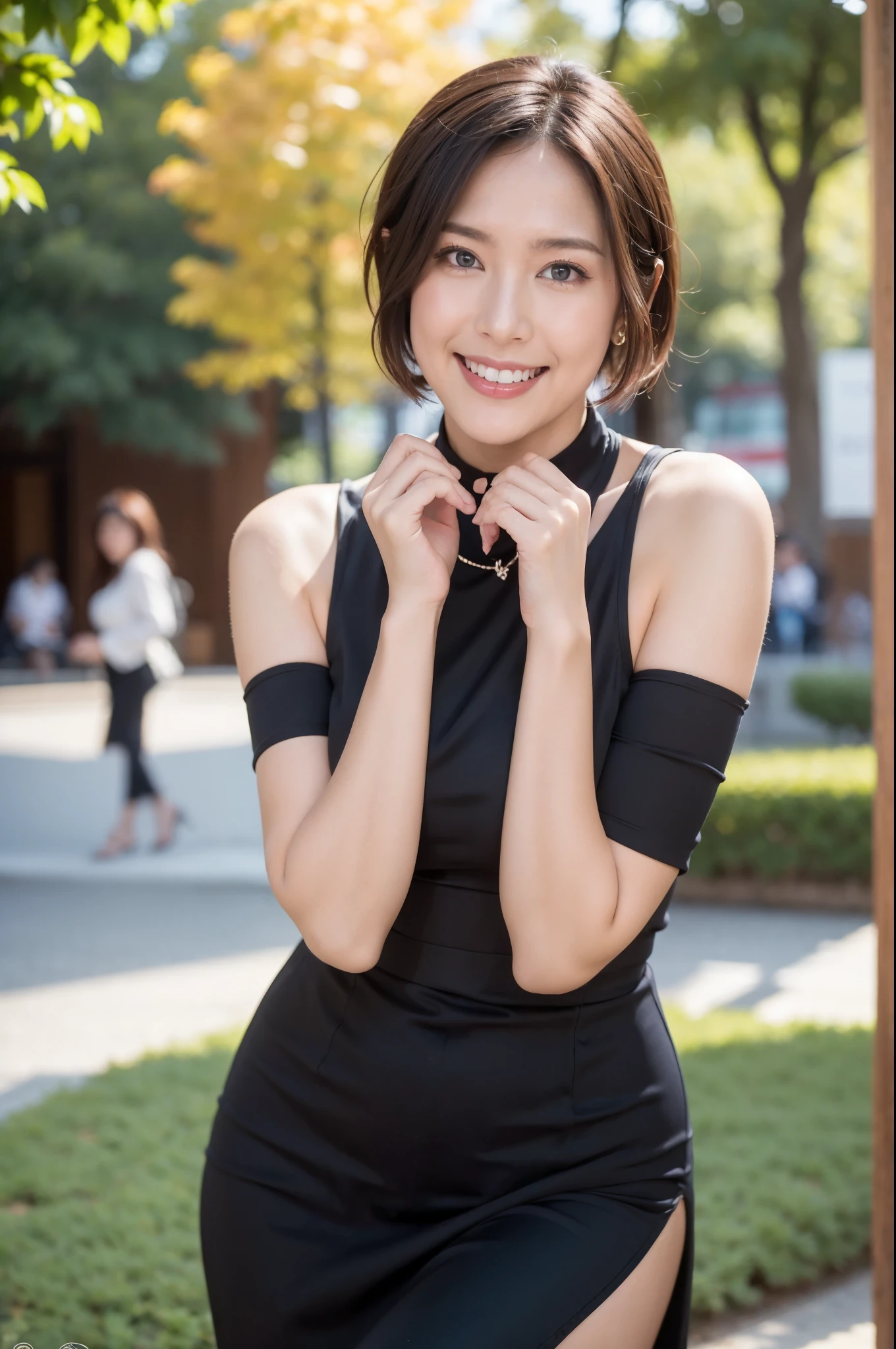 a gorgeous lady in a dark-color Elegant Midi Dress, standing under night sky, dimpled smile, short ponytail, natural pose, photorealistic, beautiful detailed eyes, hyper-realism, high contrast, ultra HD, realistic skin textures, top image quality, top-quality, super high resolution, fine details, very meticulously, bokeh background