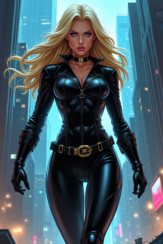 (melhor qualidade, work-πrhyme: 1.3), 1girl, Long blonde hair FLYING IN THE WIND, rosto da Hayley Atwell, rosto perfeito, perfect hands, dedos perfeitos, topo de corte, wearing a black latex jumpsuit with a large black widow style neckline, standing, (maquiagem), (musculoso: 0.4), Coxas dos joelhos, Botas de coxa, olhando para o espectador, choker on the neck, head tilt, parte superior do corpo, Cidade, inspirado em J. Scott Campbell