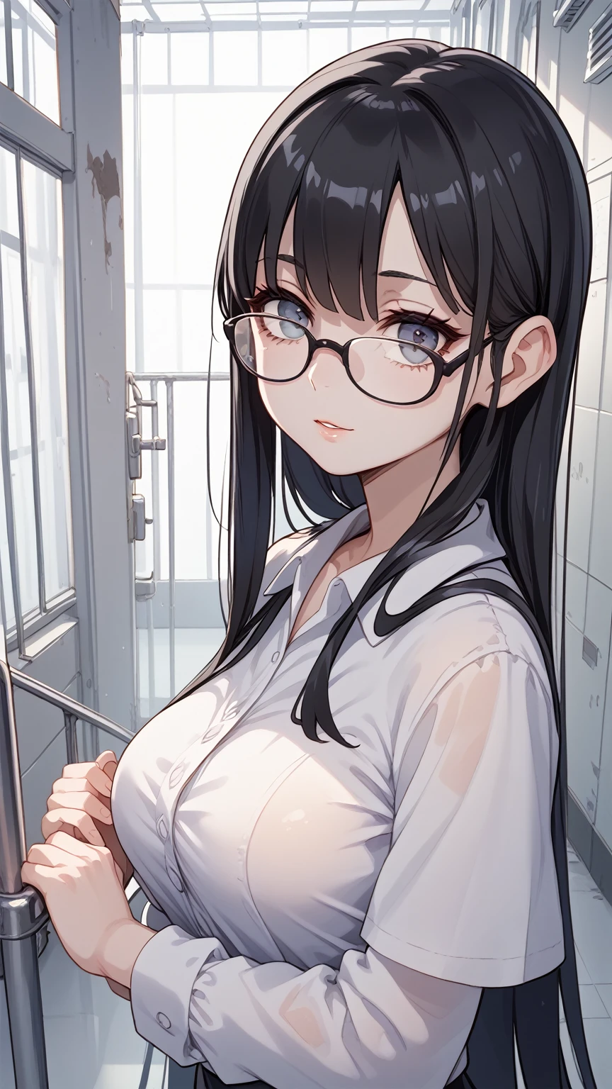 (Best Quality)), ((masterpiece)), (detailed), 1 girl, korean, long black hair, defined nose, beautiful eyes, blue eyes, slim, medium breasts, 20 years, beautiful legs, glasses, glasses redondos, nude, medium breasts, naked, unclothed, muy slim, Bathroom de escuela, Bathroom de cubicle, Bathroom, White skin, discreet smile, toilet, cubicle, evening, naked , NSFW, Whole body. korean style, very short girl. small stature. pink lips. head on. ((vista head on)) full nude