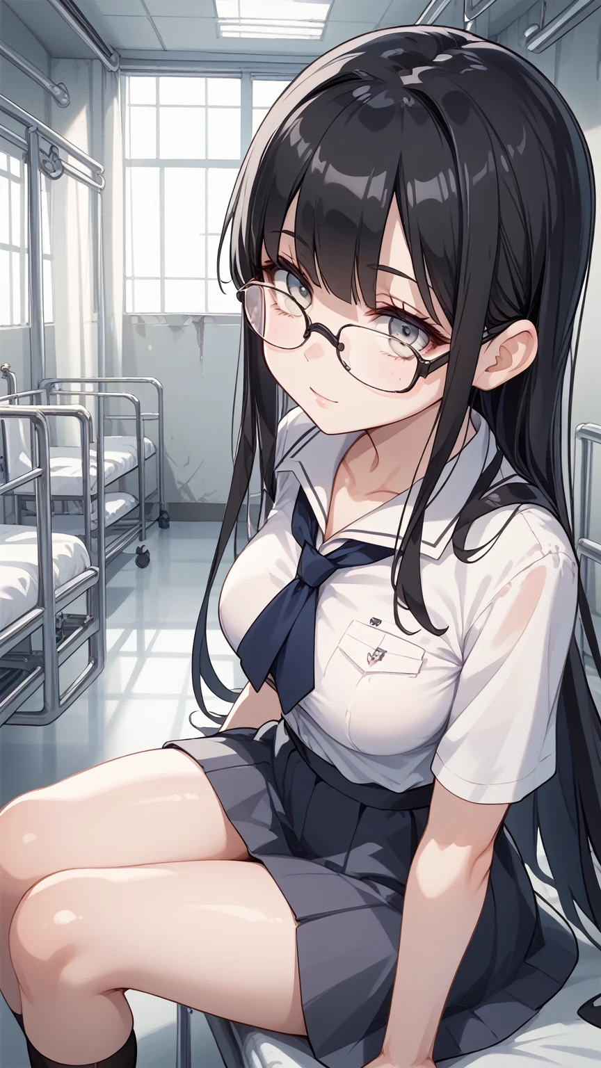 Black hair, glasses, long hair, abandoned hospital corridor, dimly lit corridor, girl with frightened expression, monster behind the girl